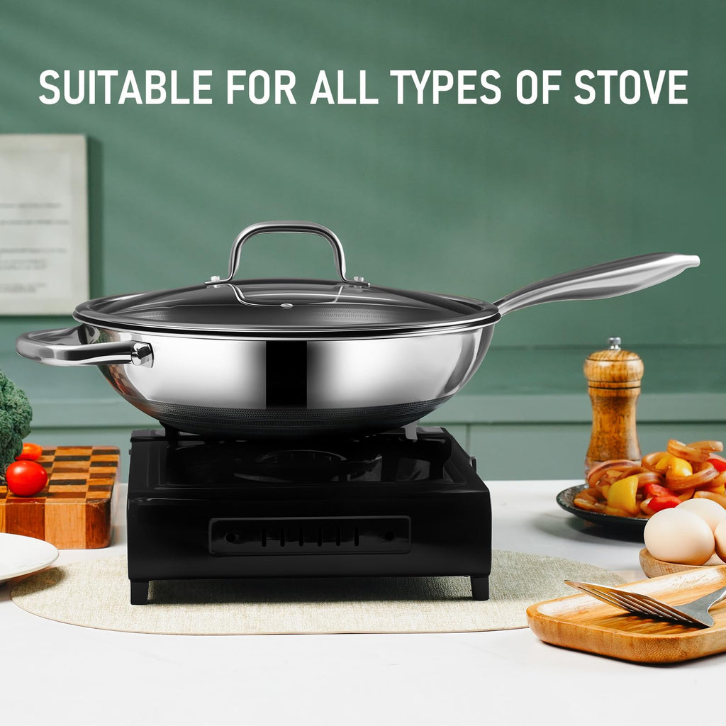 SLOTTET Hybrid 12-Inch Wok with Lid,Nonstick Stainless Steel Woks & Stir-fry pans,Stay-Cool Handle,PFOA Free Cookware,Dishwasher and Oven Safe,Compatible with All Cooktops