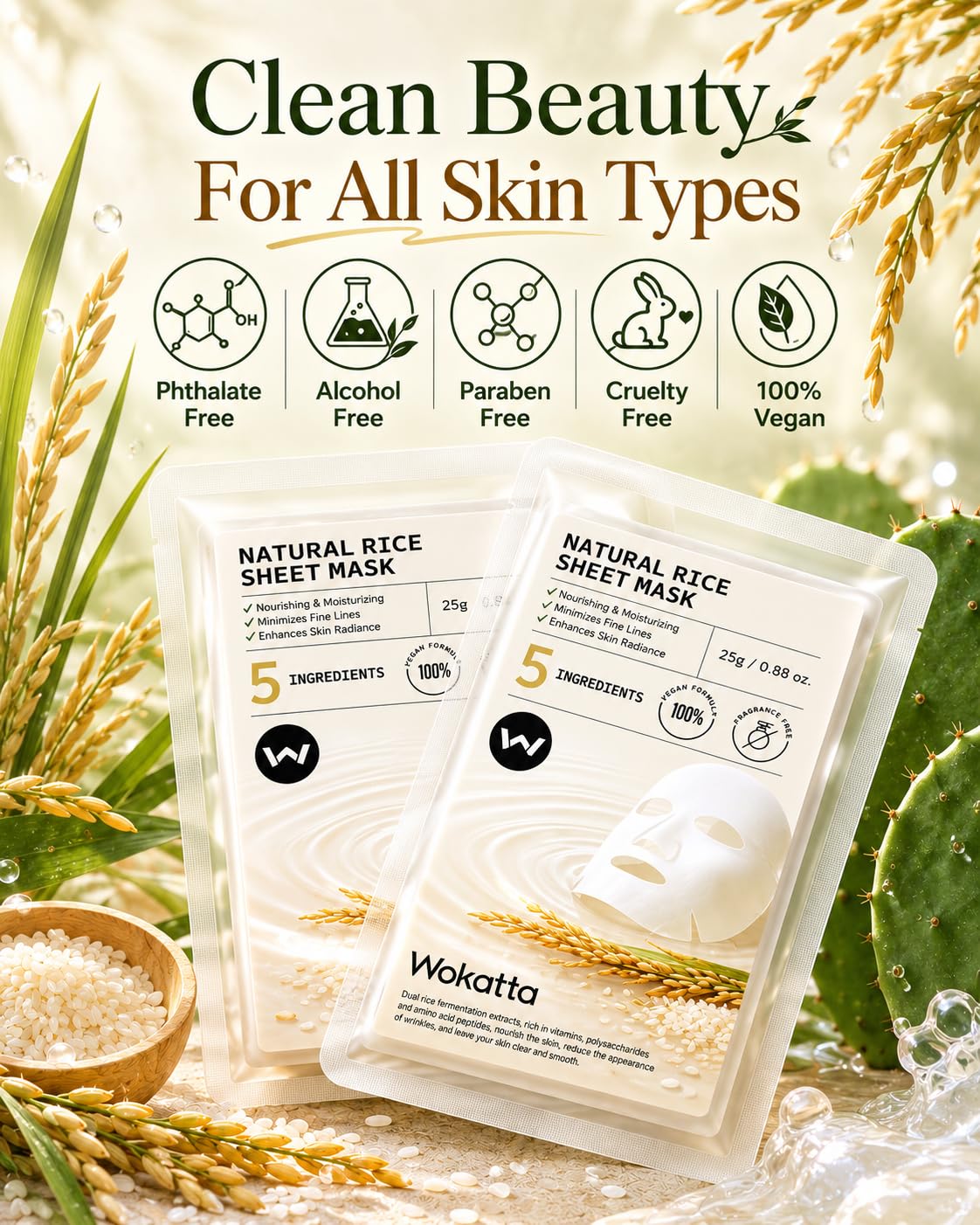 Wokatta Rice Face Mask Glass Skin, Fermented Rice Sheet Mask Pack of 5 for Radiant & Nourishing, Soothing, Smooth, Hydrating Face Masks for Dry Sensitive Skin, Gentle, Vegan Face Masks Skincare