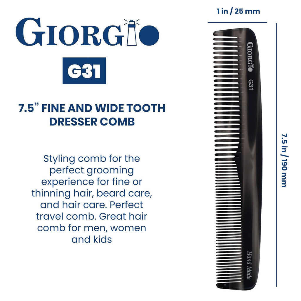 Giorgio G31 Fine Tooth and Wide Tooth, Hair Comb - Hair Styling Comb for Men, and for Women, Mens Beard Care Combs for Detangling and Styling - Handmade Saw-Cut and Hand Polished (Black Graphite)