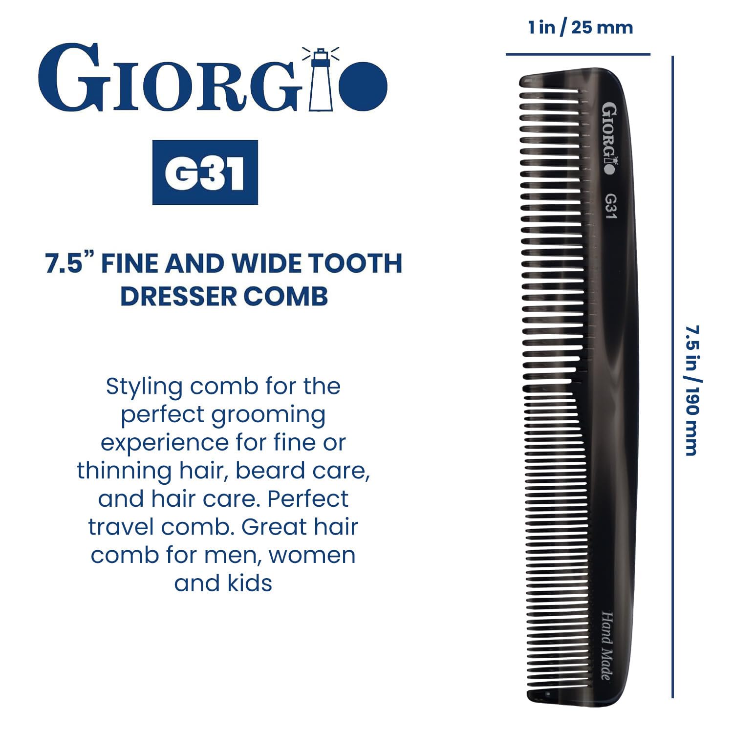 Giorgio G31 Fine Tooth and Wide Tooth, Hair Comb - Hair Styling Comb for Men, and for Women, Mens Beard Care Combs for Detangling and Styling - Handmade Saw-Cut and Hand Polished (Black Graphite)