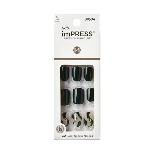 KISS imPRESS Press-On Manicure Fake Nails, Time Lapse - Short Length, Squoval Shape, Polish-Free Dark Green Gold Design Mani, Includes Prep Pad, Mini File, Manicure Stick, and 30 Fake Nails