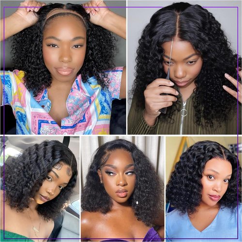 omswet Curly BOB Wig Human Hair 200 Density 5x5 HD Lace Closure Deep Wave Wigs for Black Women Glueless Wear and Go Pre Plucked Deep Wave Wet and Wavy Glueless Wigs Human Hair Natural Black 14 Inch