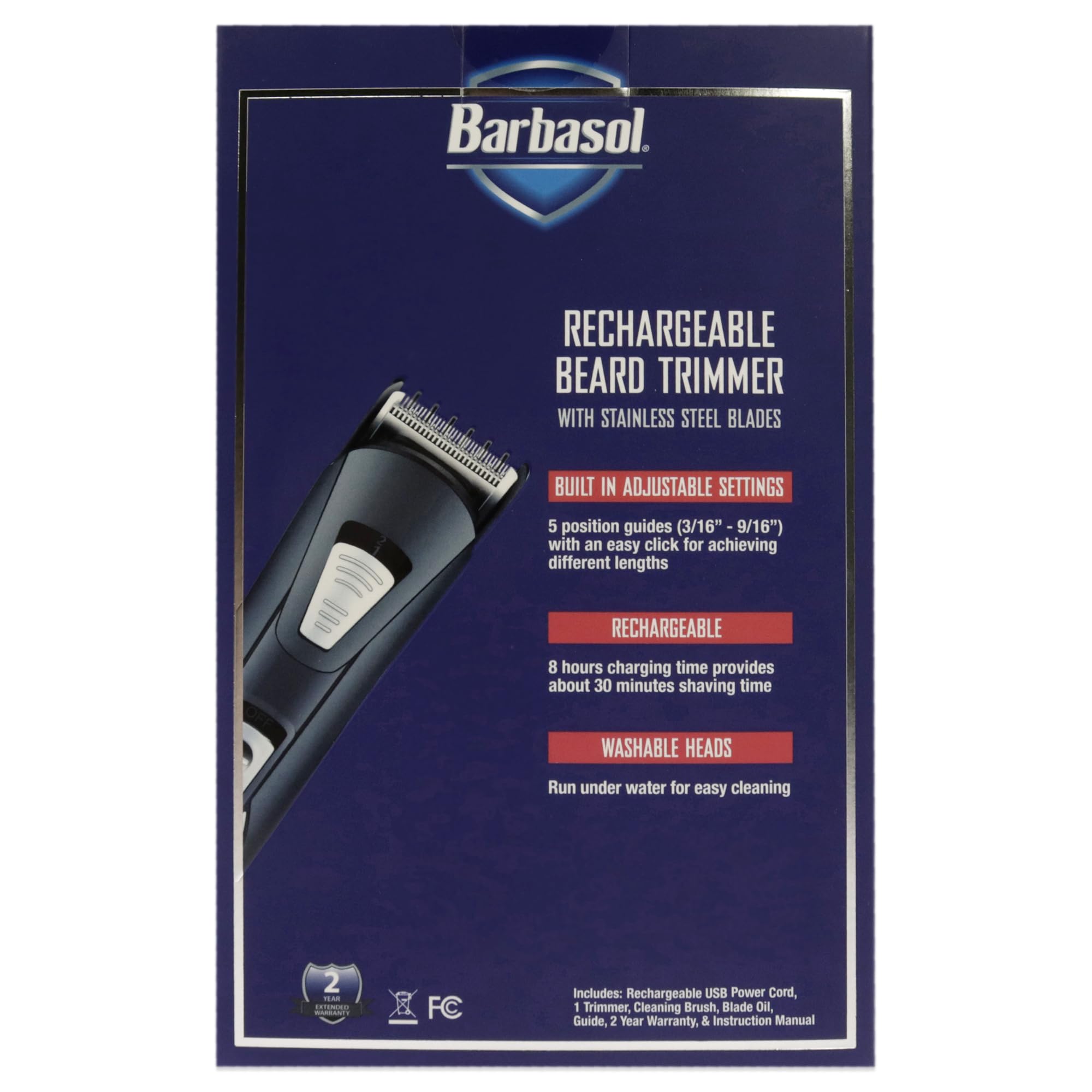 Barbasol Rechargeable Electric Beard Trimmer with Stainless Steel Blades and Adjustable Settings