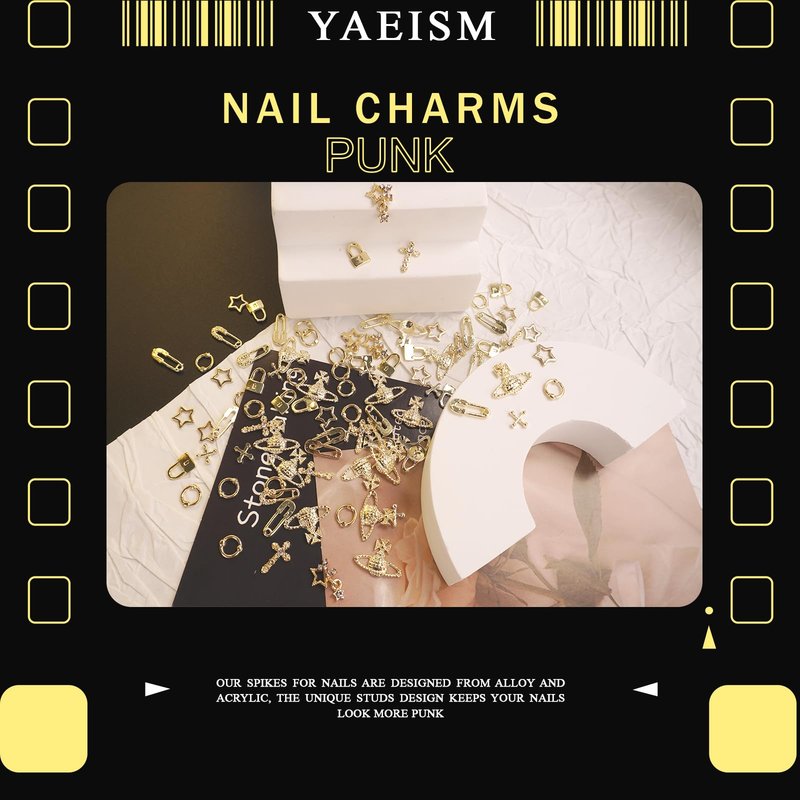 YAEISM 135PCS Gold Nail Charms 3D Nail Spikes Shiny Gold Nail Crosses Alloy Star Nail Charms Punk Goth Pin Planet Nail Art Gems for Women and Girls