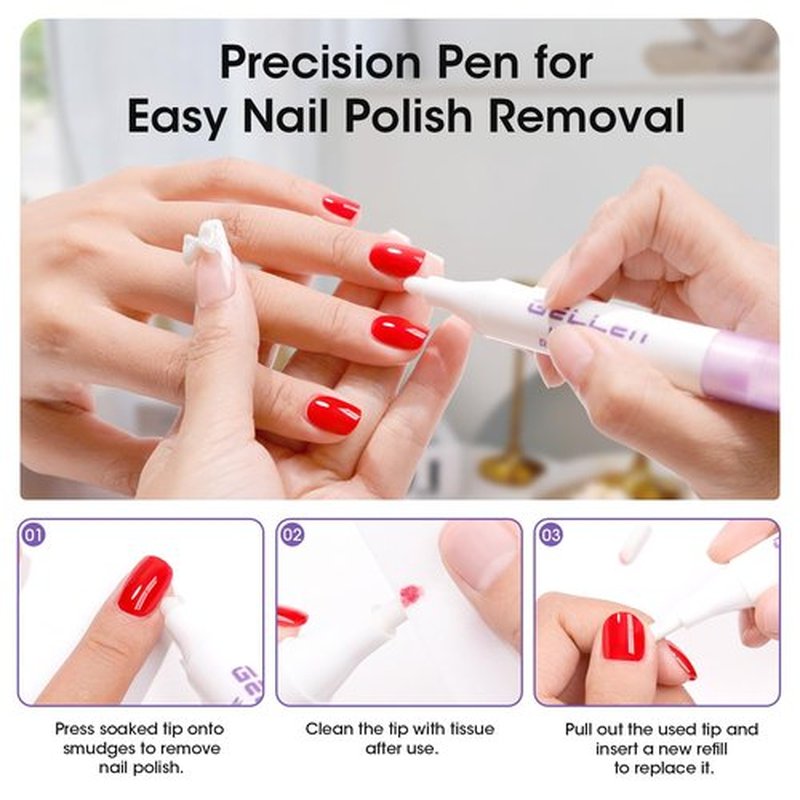 Gellen Nail Polish Remover Set Lavender Scent – Formula with Aloe & Vitamin E, Includes Precision Corrector Pen & 3 Replacement Tips, Acetone-Free & Non-Drying for Regular Nail Polishes
