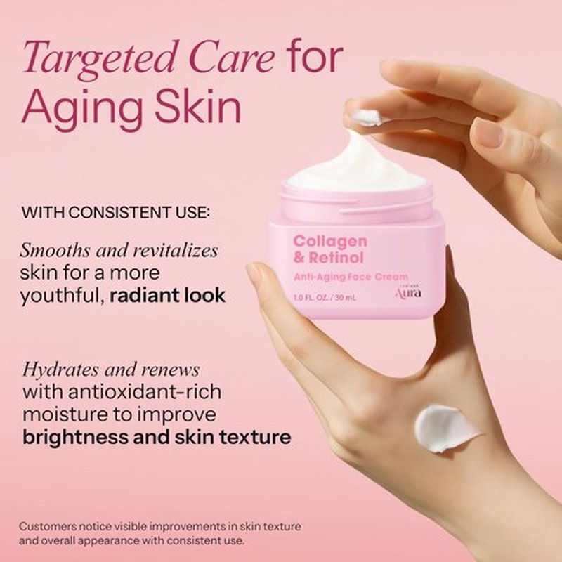 Radiant Aura Collagen & Retinol Face Cream – Dermatologist Tested, Anti Aging, Korean Skin Care – Firming, Anti Wrinkle, Hydrating Moisturizer, Pore Care – Vegan, Clean Beauty – 1.69 Fl Oz