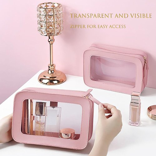 Skiennix Waterproof Makeup Bag - 2 Pack Portable Travel Cosmetic Organizer | Clear Vinyl Windows & Zippers (Pink)