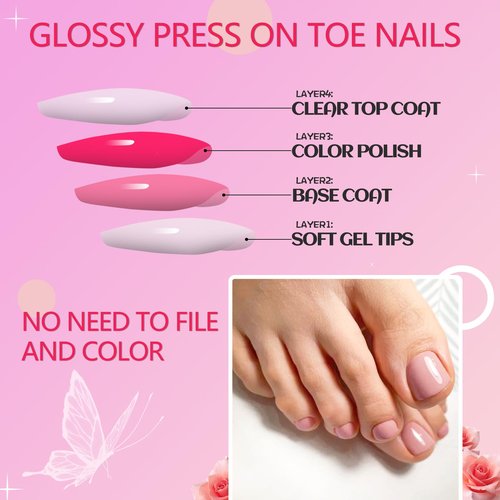 AddFavor Press on Toenails, 240pcs Deep Nude Toe Nail Press ons Glossy Fake Toe Nails Full Cover Glue Press on Toenails for Women Pedicure