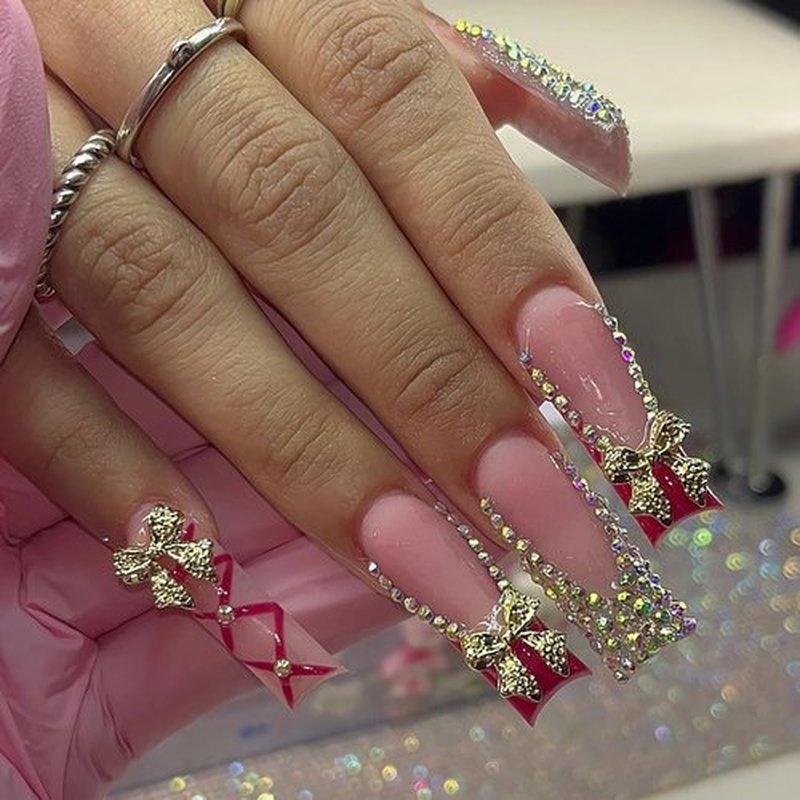 MISUD Press on Nails - Long Square Fake Nails with Red French Tip, Acrylic Bow Rhinestone Design 24 pcs