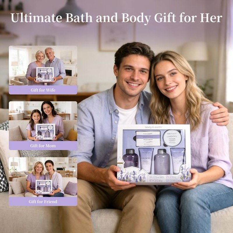 BODY & EARTH Bath and Body Gift Set - 6 Pcs Lavender Bath Kit for Women Spa Set, Perfect Birthday, Mother's Day Gift Set for Women Includes Bubble Bath, Shower Gel, Body Lotion