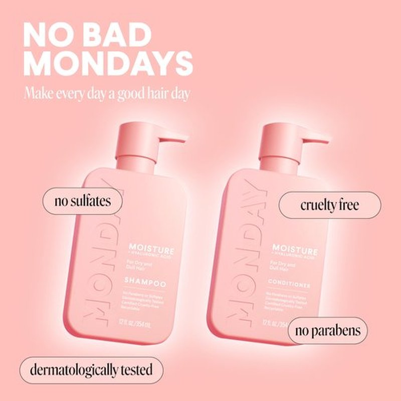 MONDAY HAIRCARE Moisture Shampoo + Conditioner Set for Dry, Coarse, Stressed, Frizzy Hair, Made with Coconut Oil, Rice Protein, Shea Butter and Vitamin E, All Natural, 12 fl oz (Pack of 2)