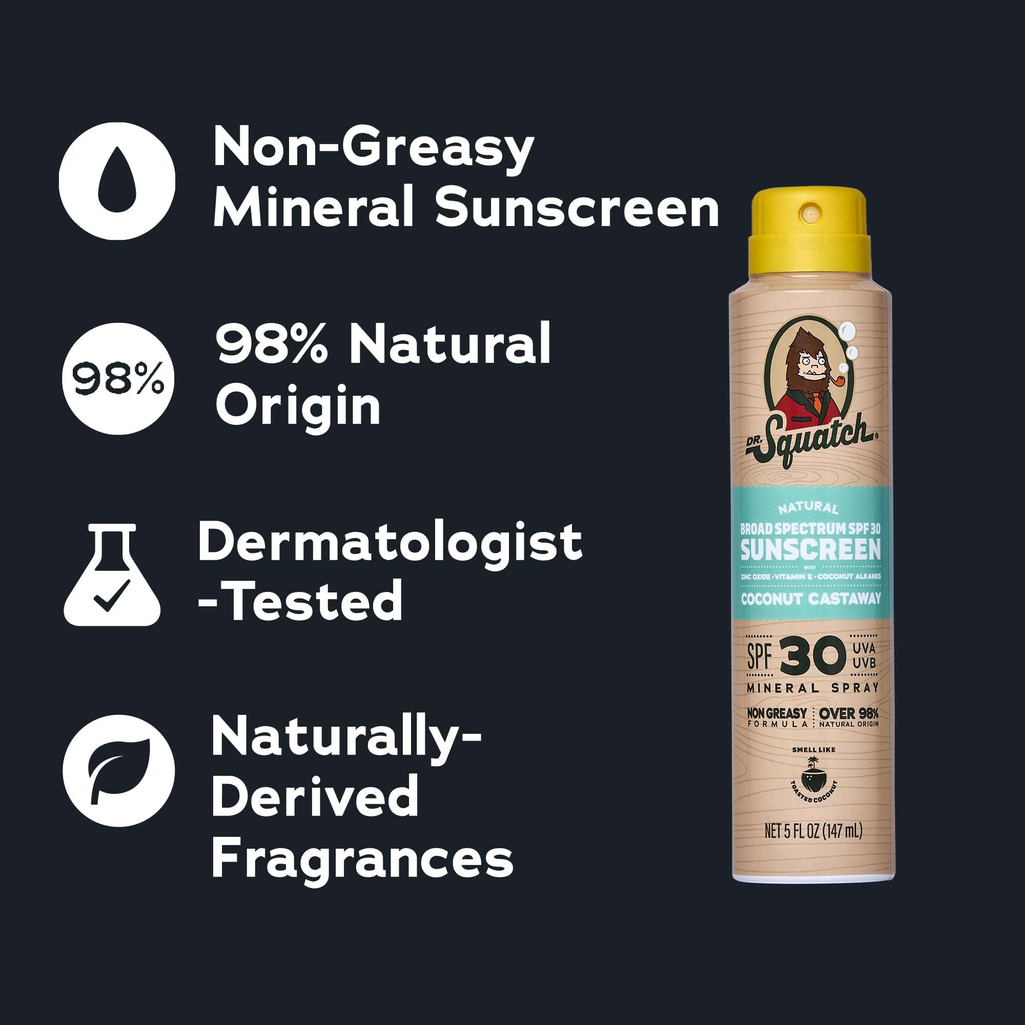 Dr Squatch Sunscreen Spray – Mineral Sunscreen for Face and Body, SPF 30, Broad Spectrum UVA/UVB Protection – Zinc Oxide, Lightweight Non-Greasy Formula – Coconut Castaway (5 fl oz)