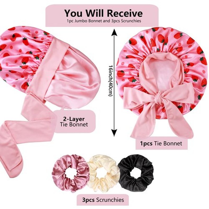 1+3 Large Satin Bonnets with Scrunchies for Women, Double Layer Hair Bonnet Tie Bonnet for Sleeping Braids Curly Hair, J