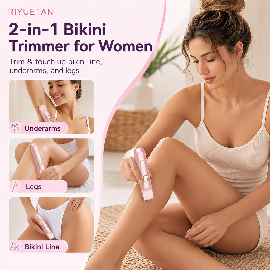 Bikini Trimmer for Women, 2-in-1 Electric Razor with Ceramic Trimmer & Rotary Shaver, IPX7 Waterproof Wet/Dry Women’s Body Shaver, USB-C Rechargeable Razor for Bikini Line, Legs, Underarms