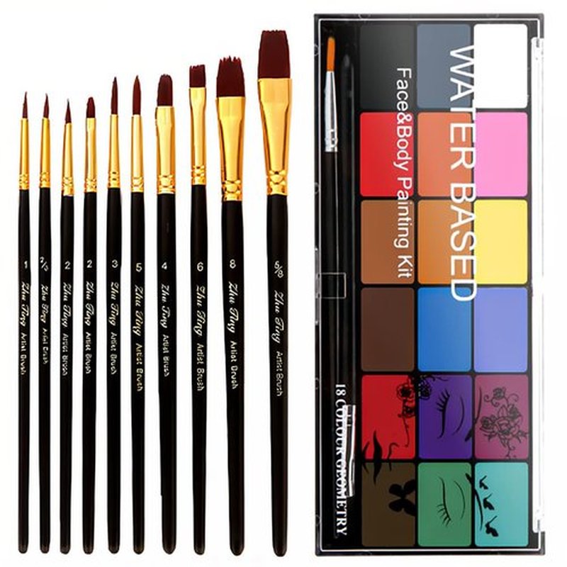 BRIMFULITE Face Painting Kit Non-toxic Body Paint Washable 18 Colors Facepaint Makeup Kit for Adults with 10 Face Paint Brushes for Halloween Party Cosplay Makeup (Color 001)