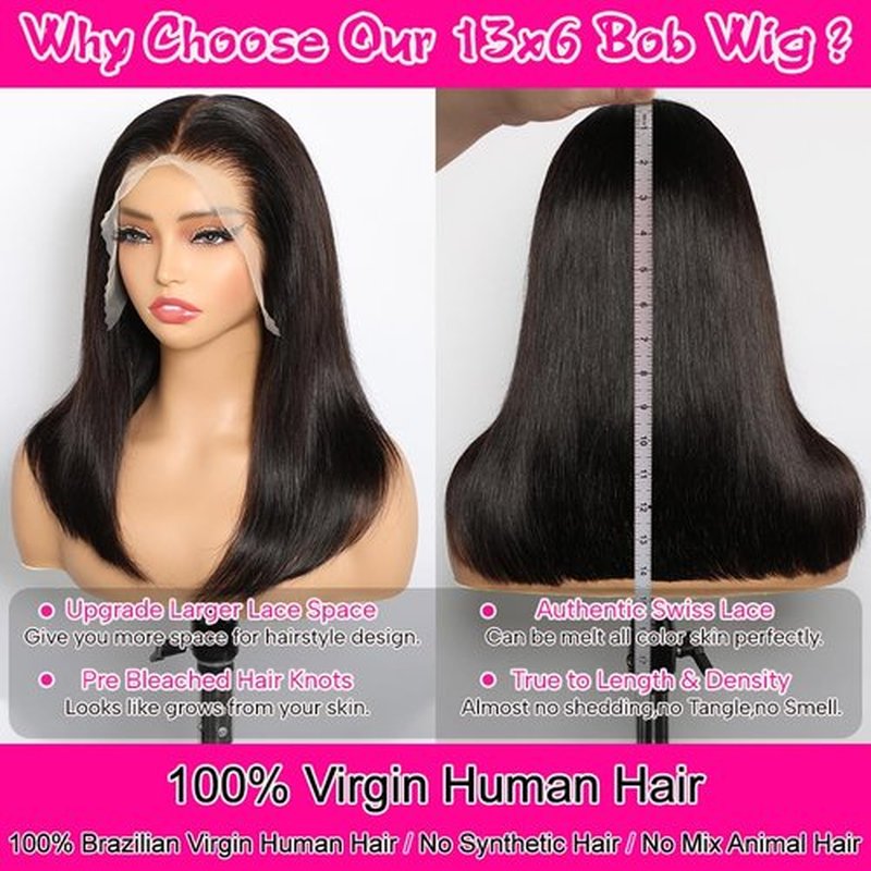 CYSDRH Bob Wig Human Hair Full 13x6 HD Lace Front Bob Wigs Pre Bleached Invisible Knots 200% Density Glueless Wigs Human Hair Pre Plucked Pre Cut Natural Hairline - 12 Inch Short Wigs for Black Women
