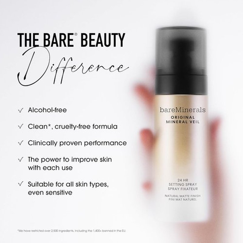bareMinerals Original Mineral Veil Setting Spray - 24HR Makeup Lock & Oil Control, Alcohol-Free, Ultra-Fine Mist