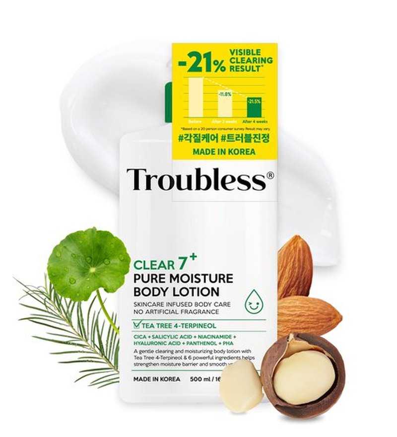 Troubless CLEAR 7 Plus Pure Moisture Body Lotion - Hydrating Body Moisturizer for Troubled Sensitive Skin w/ 7 Skincare Ingredients Gentle, Calming & Non Greasy Body Cream for Women & Men (16.9 fl oz)