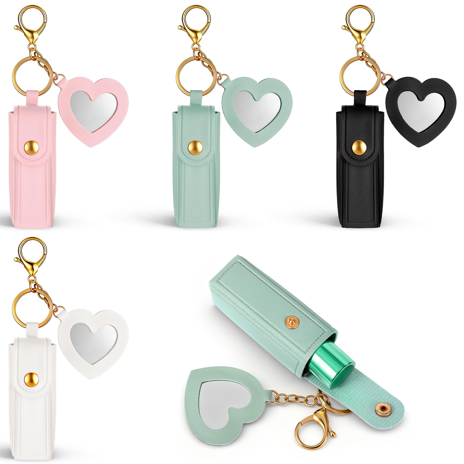 Xyembu 4 Pcs PU Leather Potable Lipstick Holder Keychain, Potable Lipstick Keychain Case Organizer, Lip Balm Holder with Mirror, Lip Gloss Keychains Holders, Travel Storage Case for Women