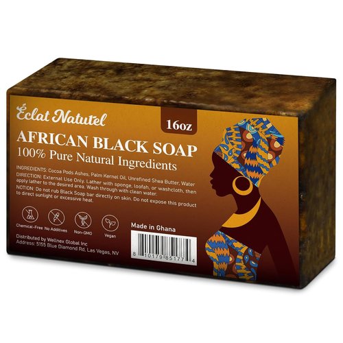 African Black Soap - 100% Pure & Natural | With Raw Shea Butter & Cocoa Pods Ash for Acne & Eczema Relief - 1 LB (16 oz)