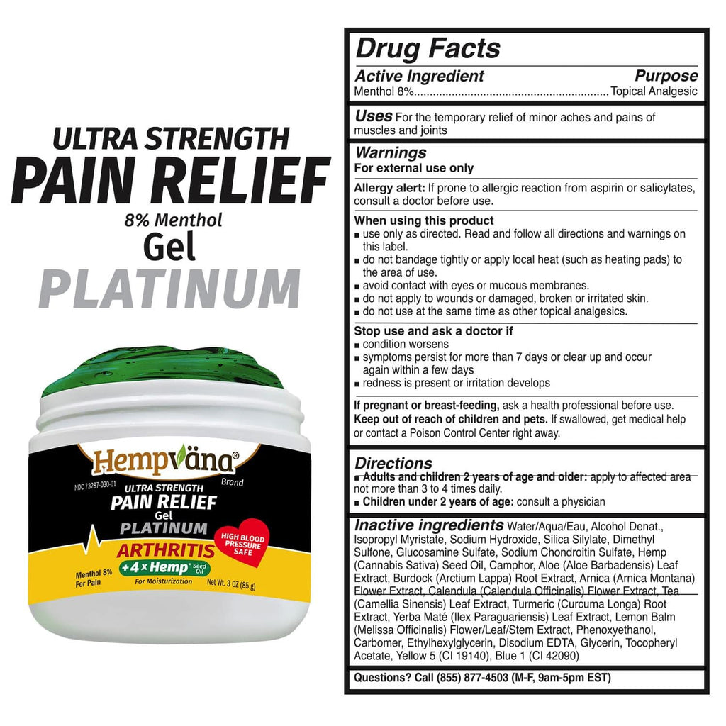 Hempvana Platinum Arthritis Pain Relief Gel, 4X More Hemp, Platinum-Strength Enriched w/4X Hemp Seed Oil, AS SEEN ON TV, Non-Greasy, Targeted Long-Lasting Arthritis Relief, Works Fast