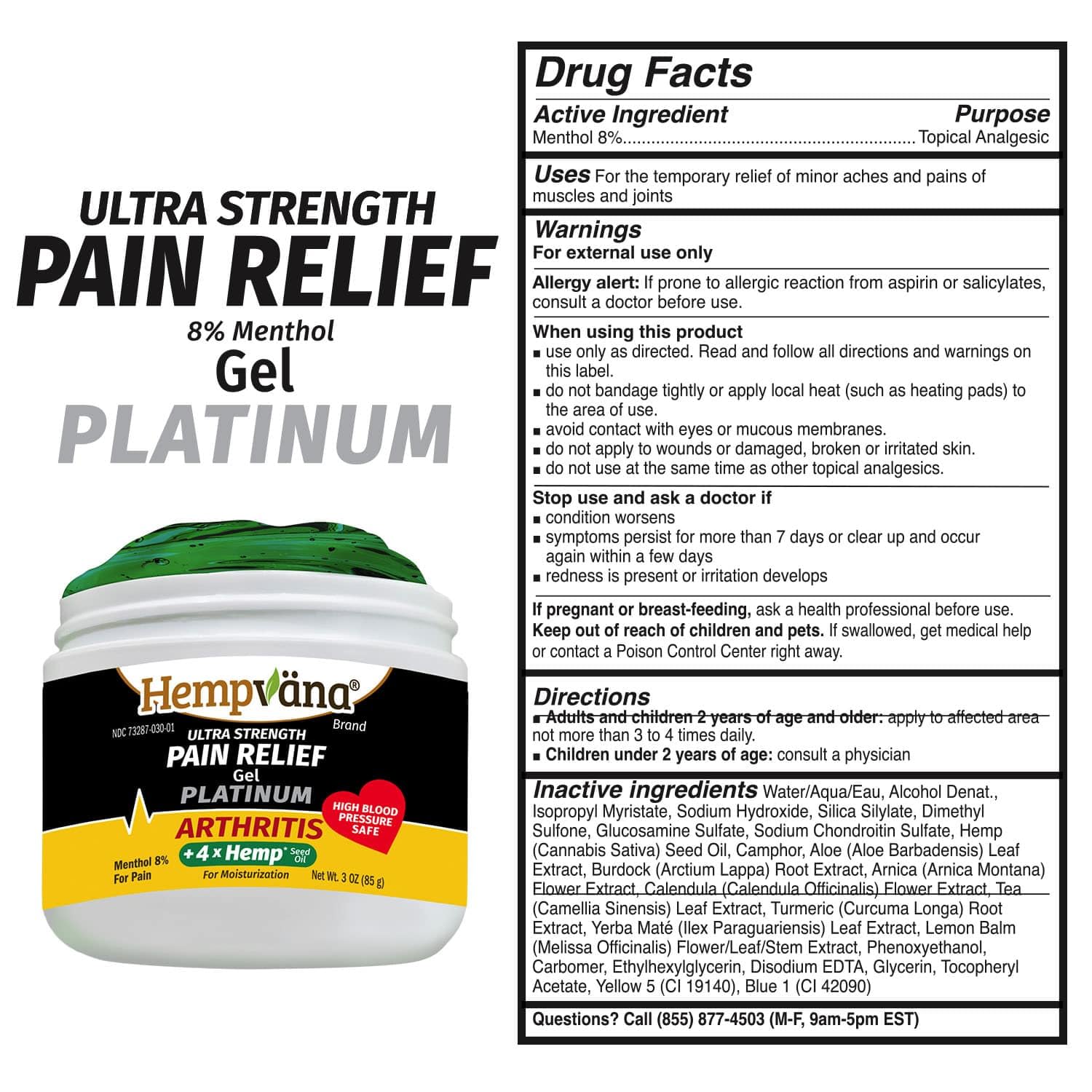 Hempvana Platinum Arthritis Pain Relief Gel, 4X More Hemp, Platinum-Strength Enriched w/4X Hemp Seed Oil, AS SEEN ON TV, Non-Greasy, Targeted Long-Lasting Arthritis Relief, Works Fast