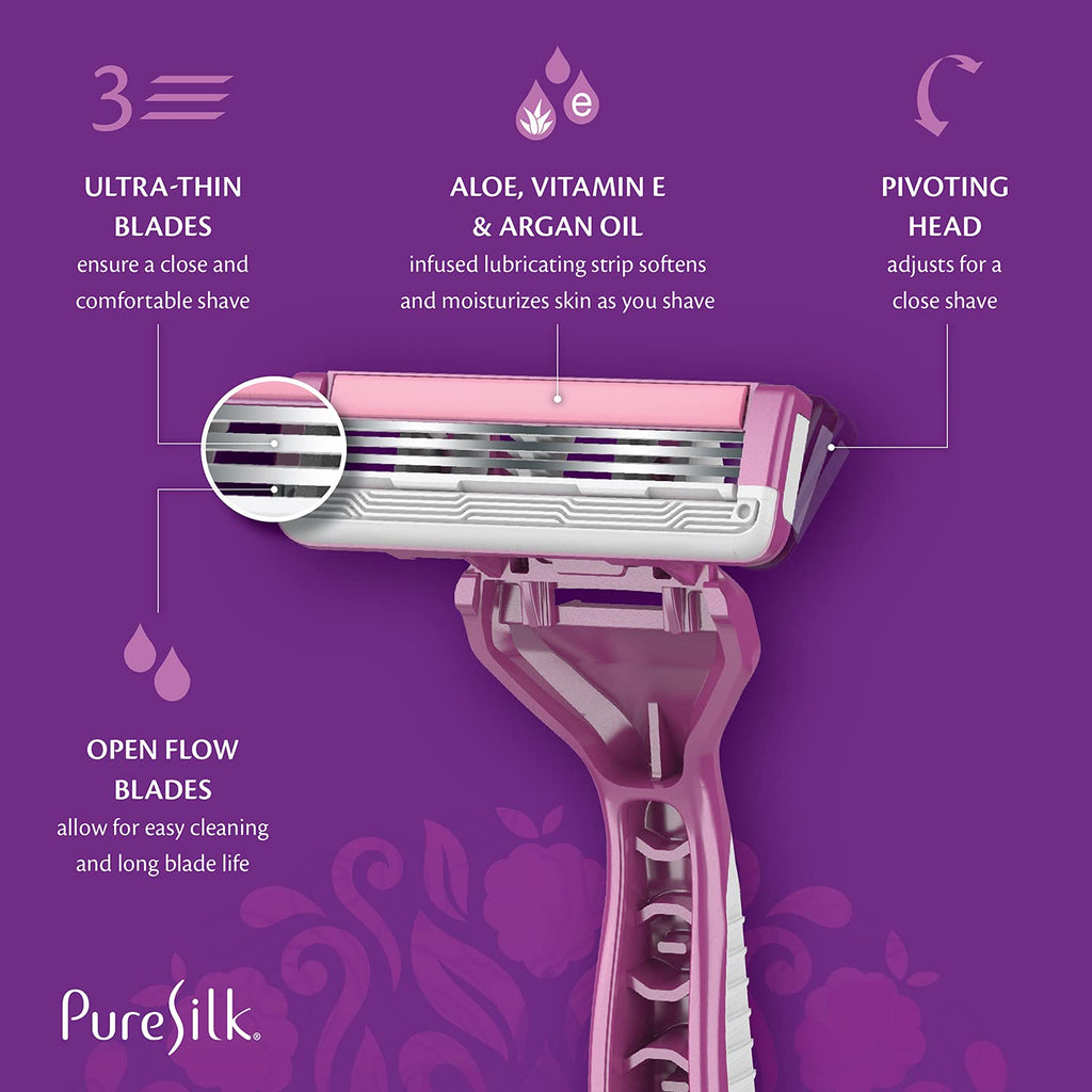 Pure Silk Contour 3 Disposable Razors for Women (3 Packs/12 Total Razors)