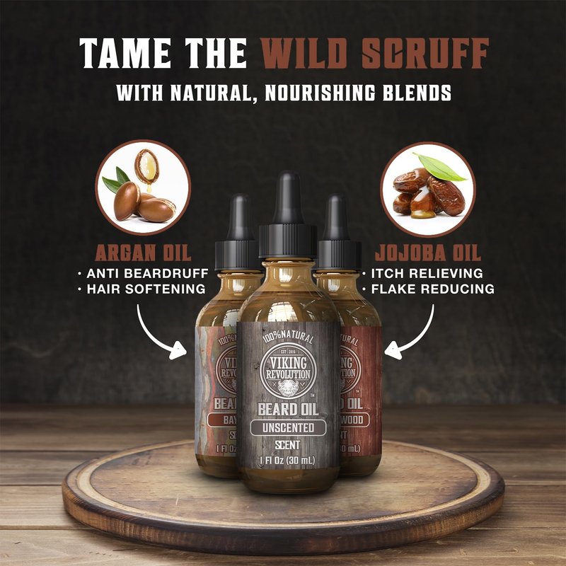 Viking Revolution Beard Oil - Natural Conditioning Oil Set for Men | Sandalwood, Unscented & Bay Rum (3 Pack, 1oz)