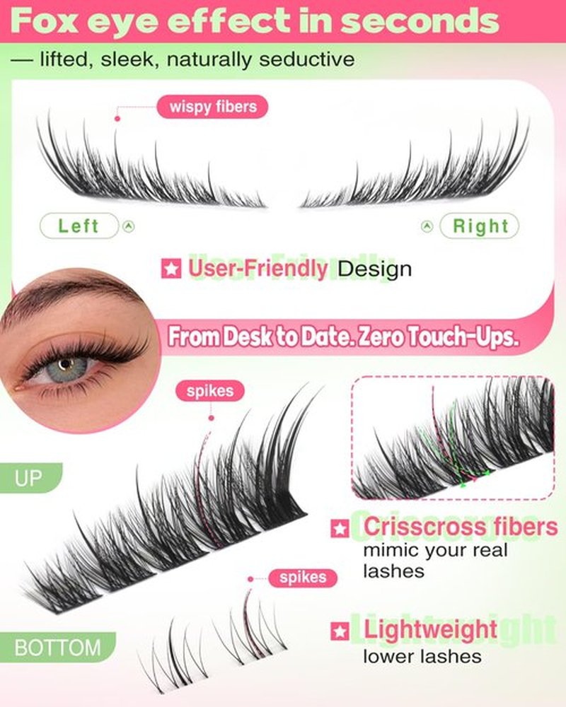 Focipeysa Wispy Lash Clusters Spiky Eyelash Clusters 10-18mm Eyelash Extensions Fox Eye Eyelash Right Left Individual Lashes Cat Eye Lashes Thin Soft Lash Extension Waterproof Lash Cluster