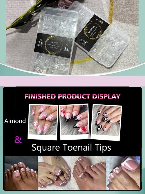 HWHUNO Square Toe Nail Tips&XS Almond Acrylic Nails Tips Short Half Cover Soft Gel Pre-shape, Toenails Extensions Clear Fake Toenail Tips,480Pcs 12Size 2 Box