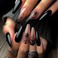 MISUD Press on Nails - Long Coffin Glue on Nails with Goth Black, Acrylic Gothic Rose Design 24 pcs