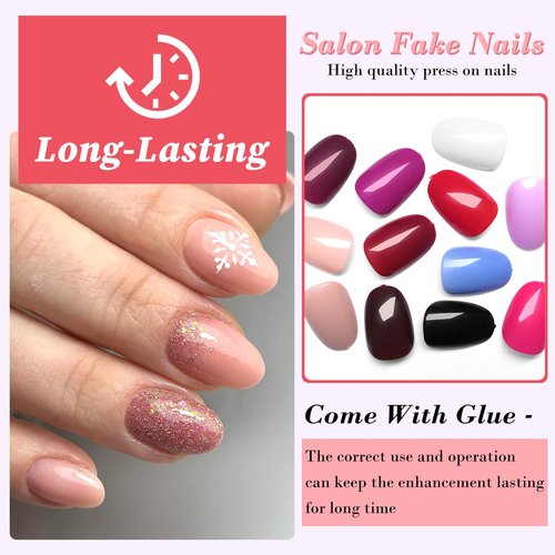 LuckForever 288pc Almond Press On Nails Tips - Short, Oval, False, Artificial Fingernails with Adhesive Tabs for DIY Manicure