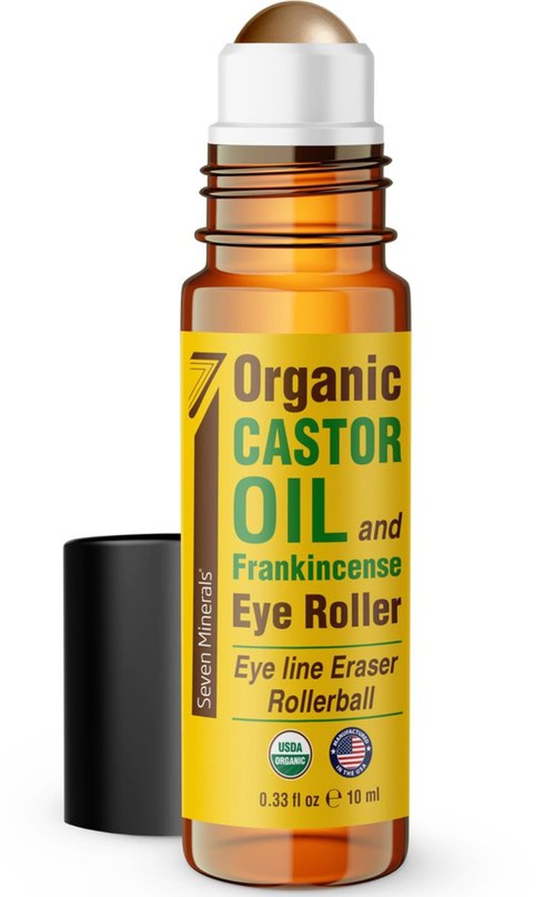 Seven Minerals Organic Castor Oil Roll On Eye Roller for Under Eye Bags, Dark Circles & Wrinkles - Organic Blend of Castor Oil And Frankincense - Brightens, and Revitalizes Skin & Face - 0.33 fl oz