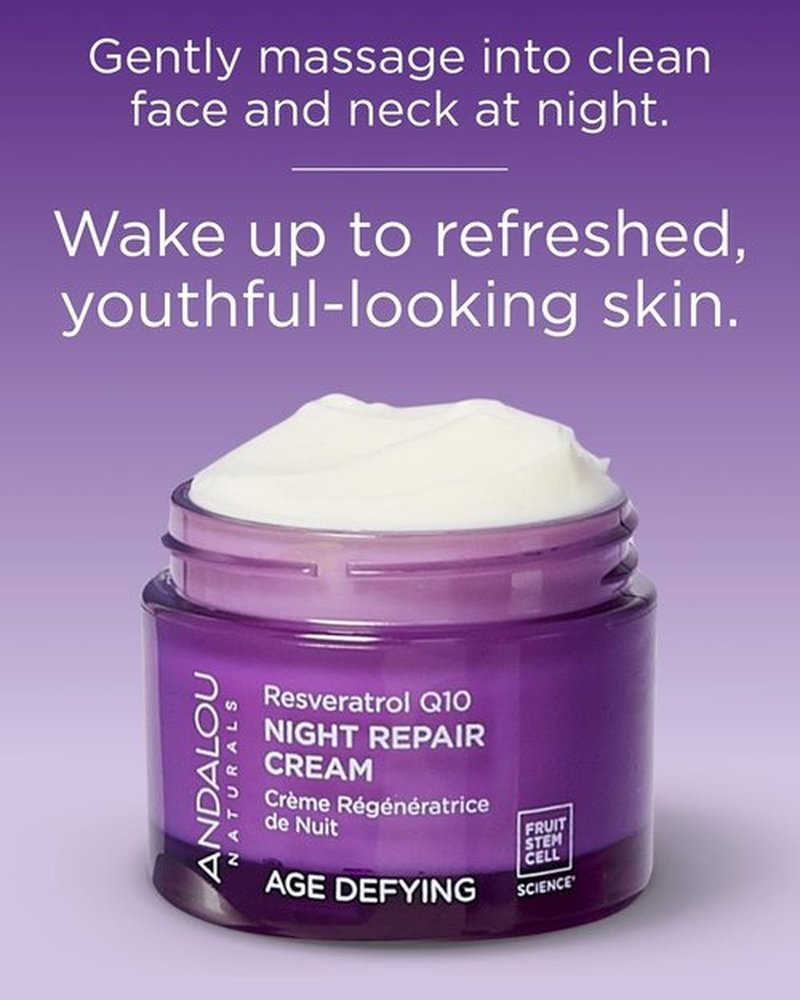 Andalou Naturals Age Defying Night Repair Cream - Hydrating Anti-Wrinkle Moisturizer with CoQ10 & Resveratrol - 1.7 oz