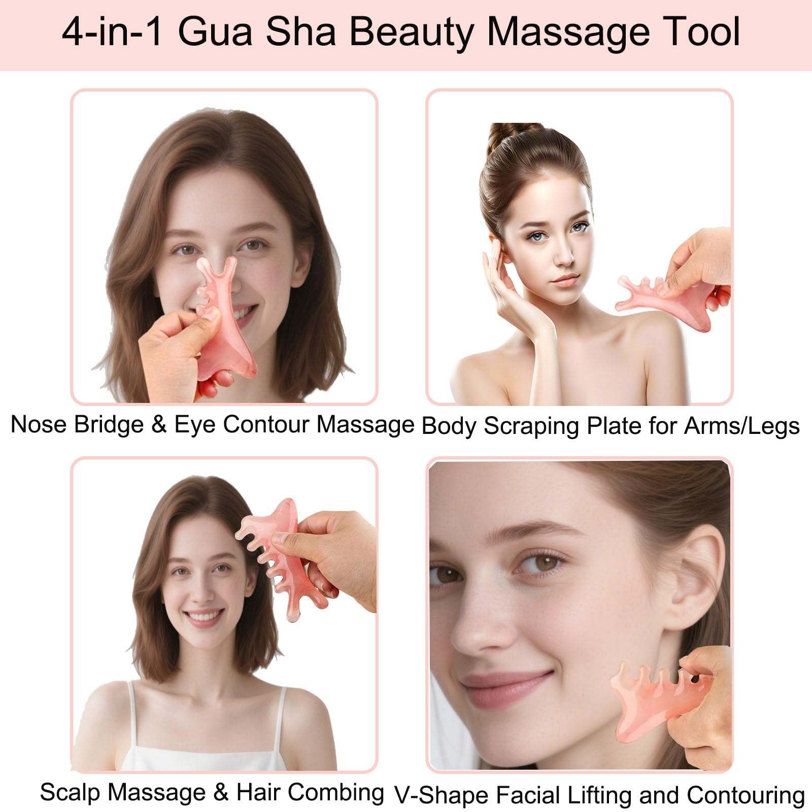 Gua Sha Facial Tools,4 in 1 Resin Head Massager Scalp Comb with Gift Pouch,Guasha Tool for Face, Eye & Body Lymphatic Drainage, Nose Sculpting&Jaw Lifting ,Gifts for Mom Girl Sister Friend (Pink)