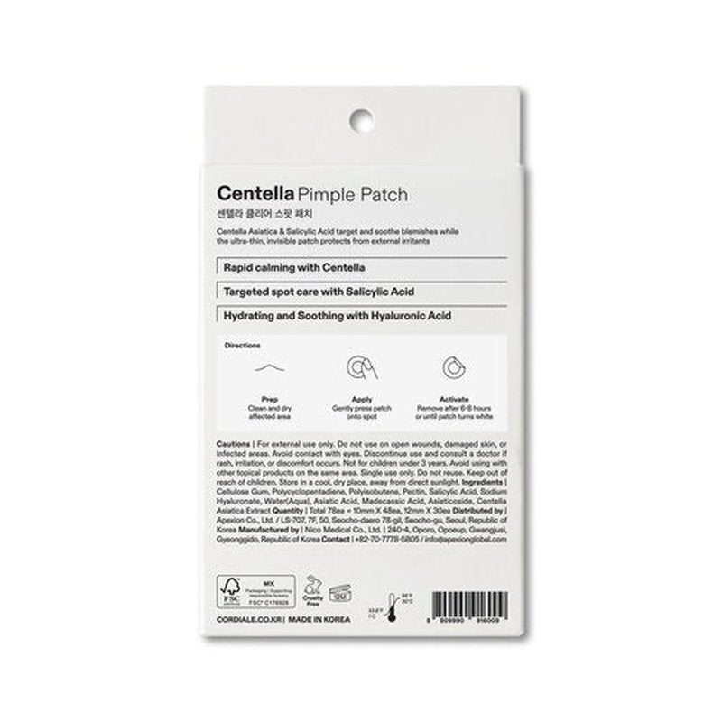 Cordiale Centella Pimple Patches with Salicylic Acid & Hyaluronic Acid, Hydrocolloid Acne Spot Patches for Face & Chin, Invisible Zit/Blemish Stickers, Korean Skin Care (78 Count, 2 Sizes)