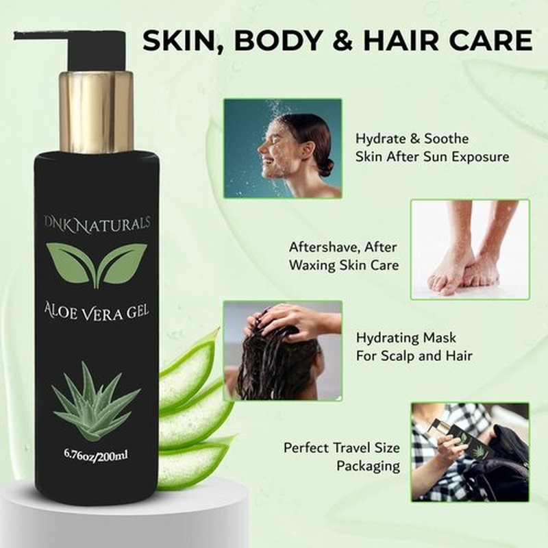 DNK Naturals Aloe Vera Gel made from fresh 100% Pure Aloe - Sunburn Relief - Calms Irritated Skin - Daily Moisturizer - With Niacinamide - For Face, Body, and Hair - Vegan, No Fragrance - 200ml
