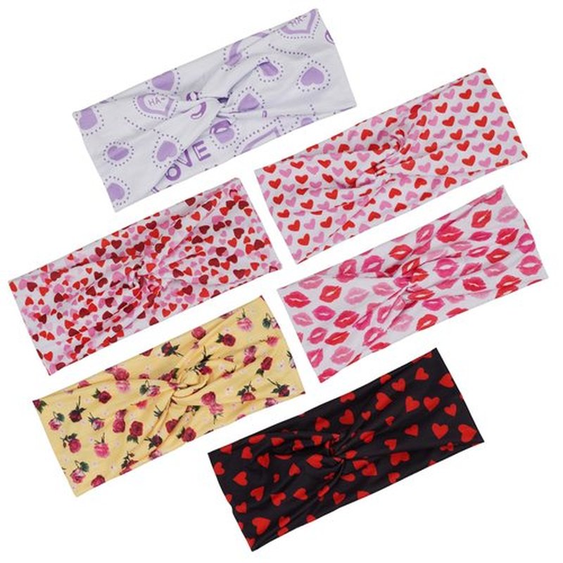 6 Piece Valentine's Day Headbands, Black Red Pink Wide Turban Head Wraps, Stretchy Non Slip Hair Bands with Love Lip Heart XOXO Pattern for Women
