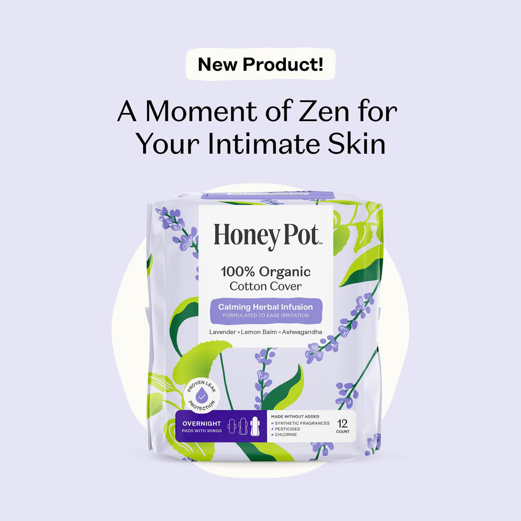 Honey Pot Calming Overnight Sanitary Pads for Women - 100% Organic Cotton Top Sheet - Feminine Care - Non Cooling - Calming Herbs of Lavender, Ashwagandha, & Lemon Balm - 12ct