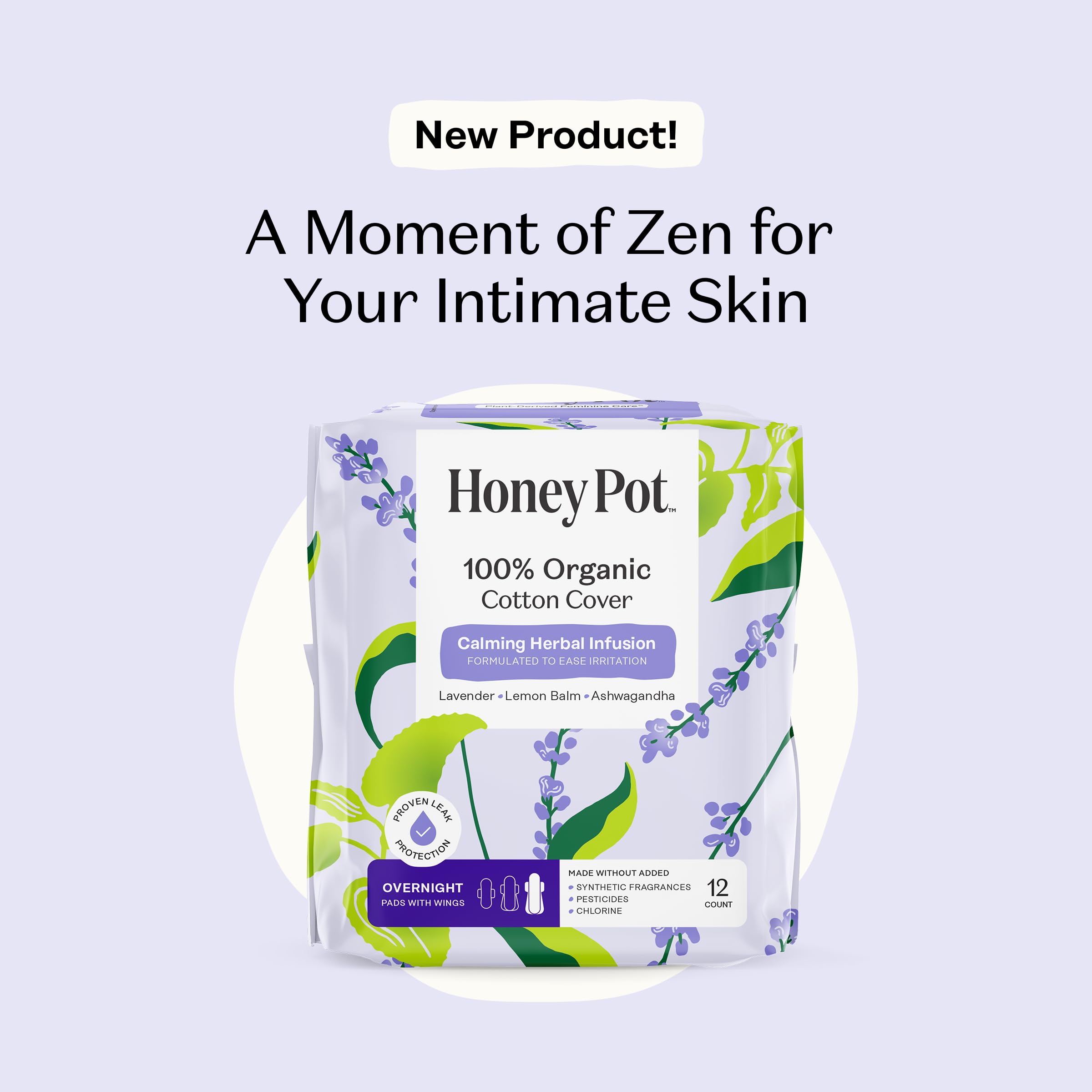 Honey Pot Calming Overnight Sanitary Pads for Women - 100% Organic Cotton Top Sheet - Feminine Care - Non Cooling - Calming Herbs of Lavender, Ashwagandha, & Lemon Balm - 12ct