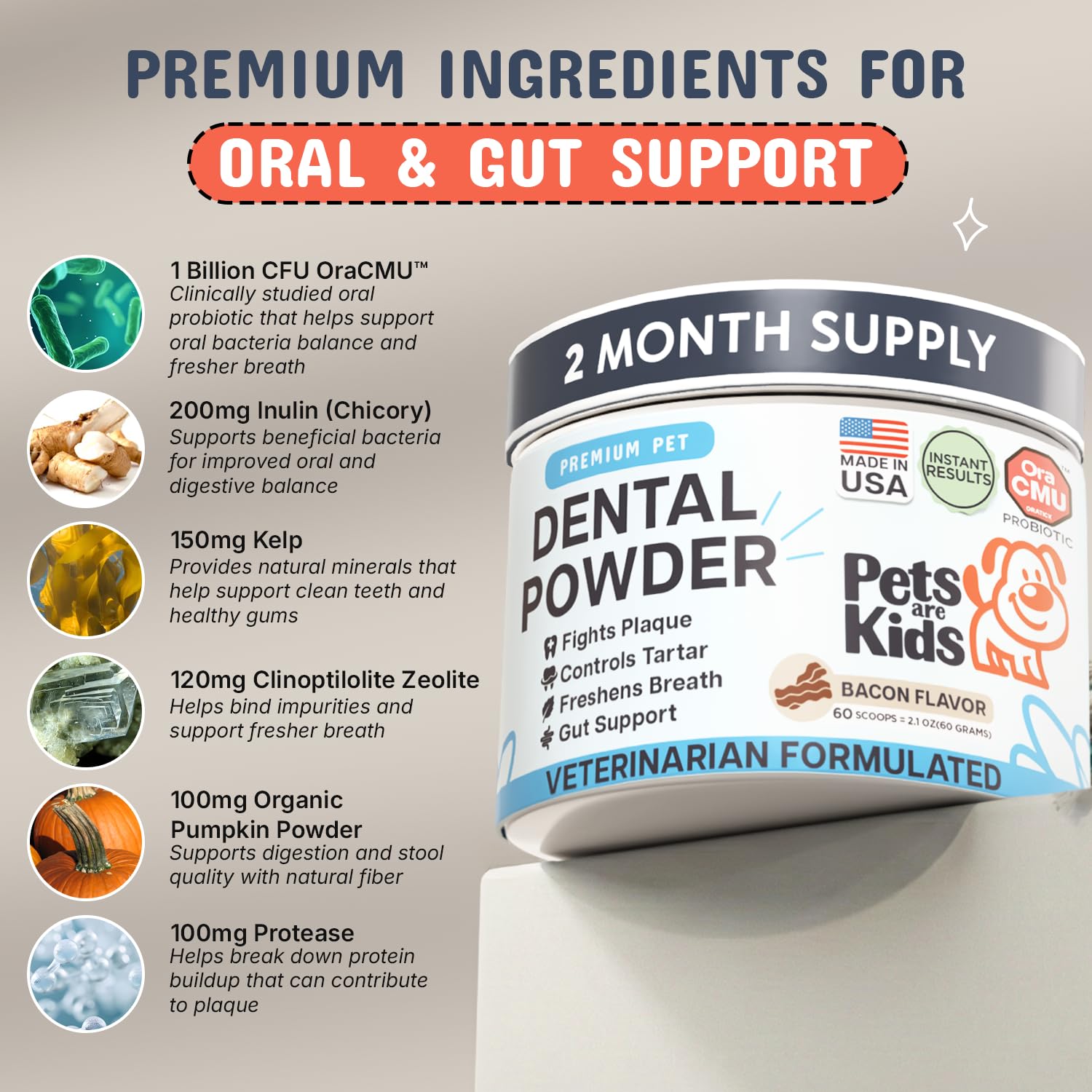 Pets are Kids Dog Dental Powder for Gut Support & Dental Hygiene, 60 Scoops