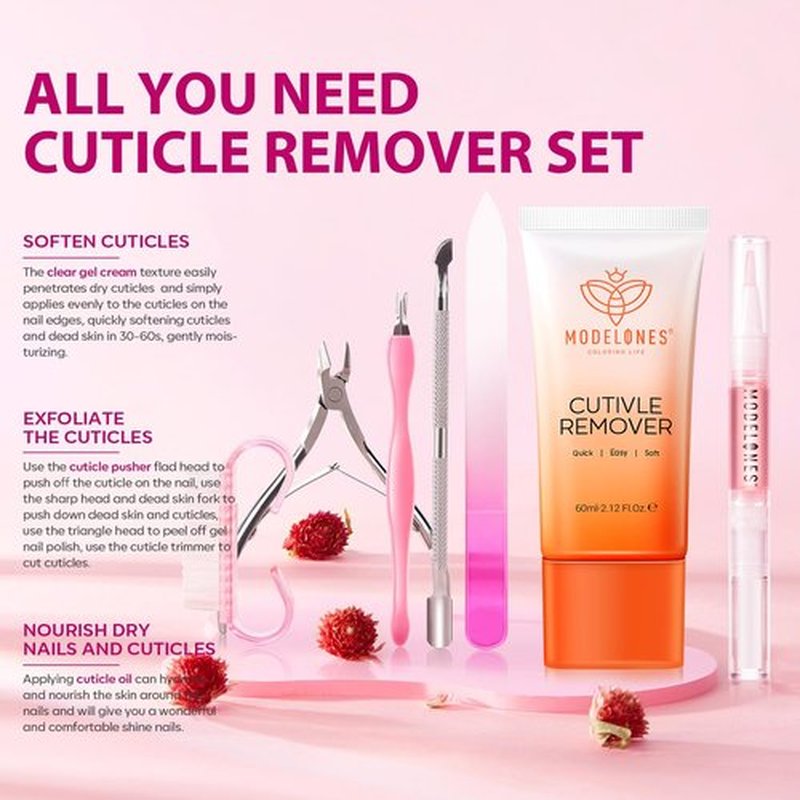 Modelones Cuticle Remover Kit - Complete Cuticle Care Set with Trimmer, Oil & Nipper for DIY Manicure