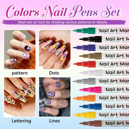 RFENLY 12 Colors Nail Art Pens Set, 3D 0.5MM Nail Polish Pens, DIY Nail Markers, Quick Drying Long Lasting Paint Graffiti Point Dotting Liner Pen Tools for Home & Salon