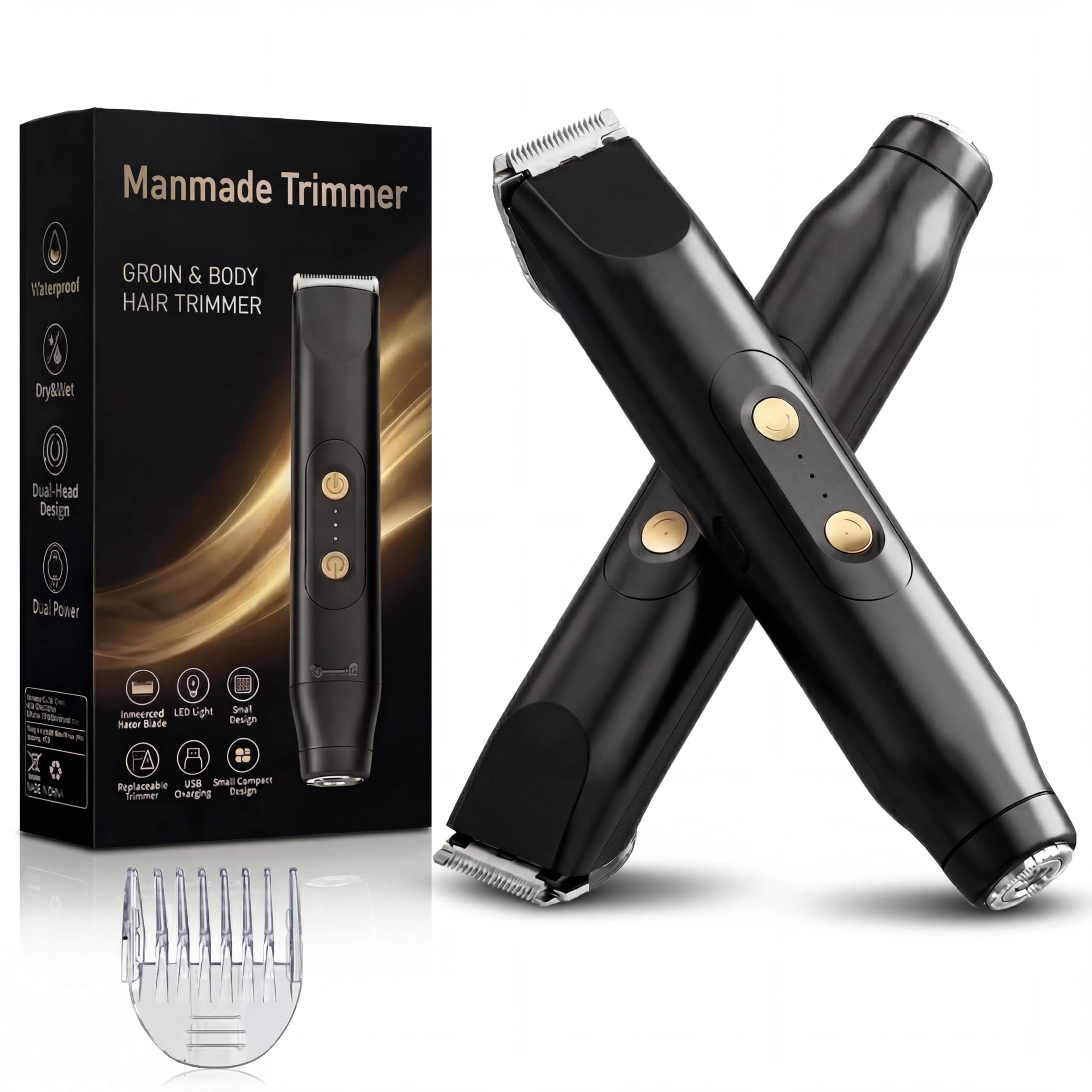 Manmade Trimmer Manscaping Body Groomer for Men, Groin & Body Hair Trimmer, High-Speed 6000 RPM, Smooth & Comfortable Trim, Skin-Friendly, Waterproof & Fully Washable, Cordless with Storage Pouch