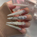 Extra Long Press on Nails - Stiletto Fake Nails with 3D Butterfly Design - White Full Cover Stick on Nails for Women 24 Pcs
