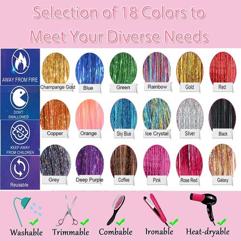Celinabella 18 Colors Hair Tinsel Kit with Tools, 47 Inch Heat Resistant Reusable Sparkle Hair Extensions for Festivals, Weddings, Halloween & Daily Wear