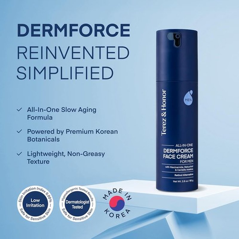 Terez & Honor 6-in-1 Face Cream for Men - Korean DermForce Anti-Aging Moisturizer with Niacinamide & Bakuchiol - 2.8 oz