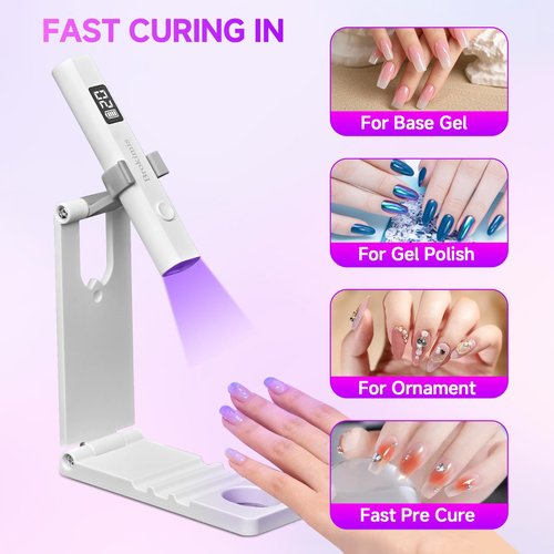 Brokimis Handheld UV Light for Gel Nails with Stand, Mini Nail Lamp with LCD Display 3-Timer Modes Portable Cordless Rechargeable USB Small Nail Dryer for Fast Curing Home DIY Manicure Nail Art