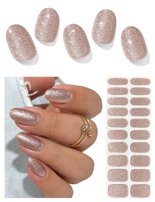 AutyaMee Semi Cured Gel Nail Strips (Champagne Gold Glitter), Sparkle Finish, 20 Pcs Gel Nail Wraps, Stickers, Salon Quality, Long Lasting, Works with Any UV Lamps