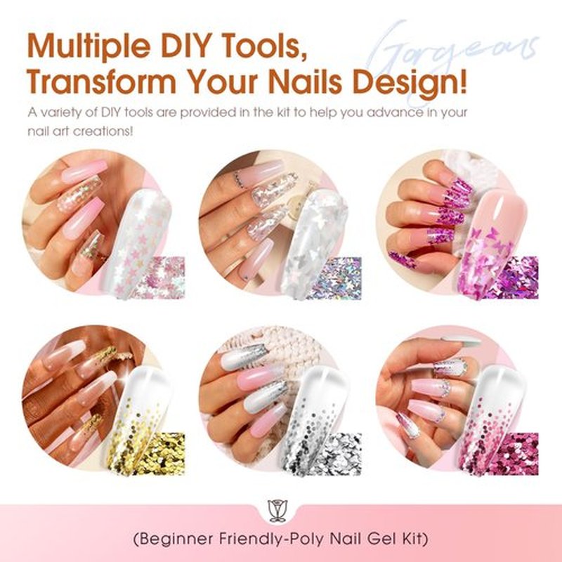 ROSALIND Poly Nail Gel Kit with Drill -14 Colors + 75 Nail Art Accessories Kit Nude Pink Series Poly Gel with Big Uv Light 48W and Electric Nail Drill Poly Nail Gel Starter Kit with Everything Gift